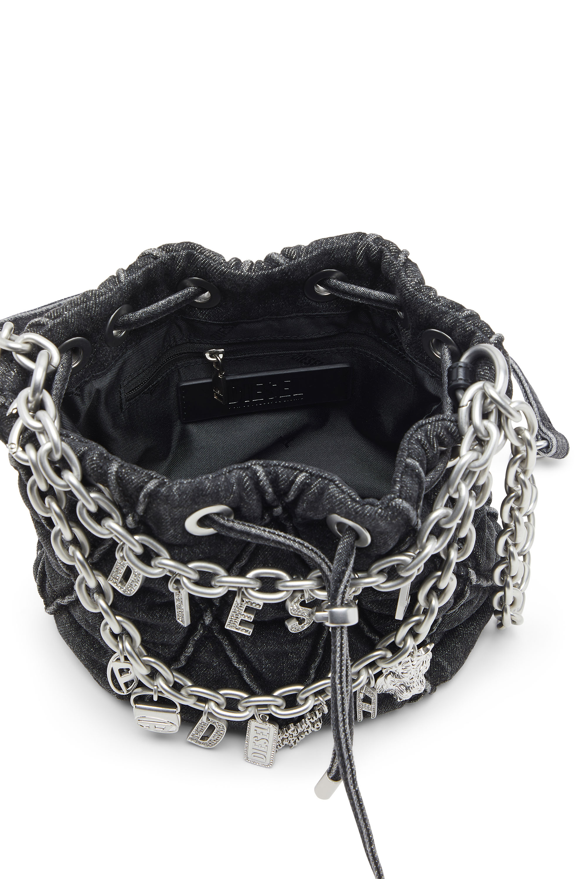 Diesel - HOSHI CHARM-D BUCKET S, Bolso cubo acolchado de denim con amuletos de cadena Mujer in Negro - 3